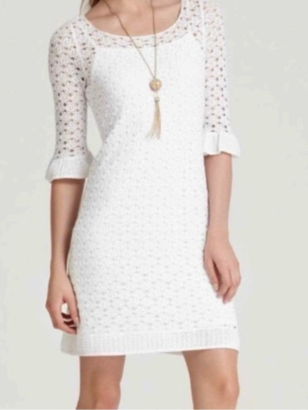 Lilly Pulitzer White Shauna Crochet 3/4 length bell sleeves shift dress Size M
